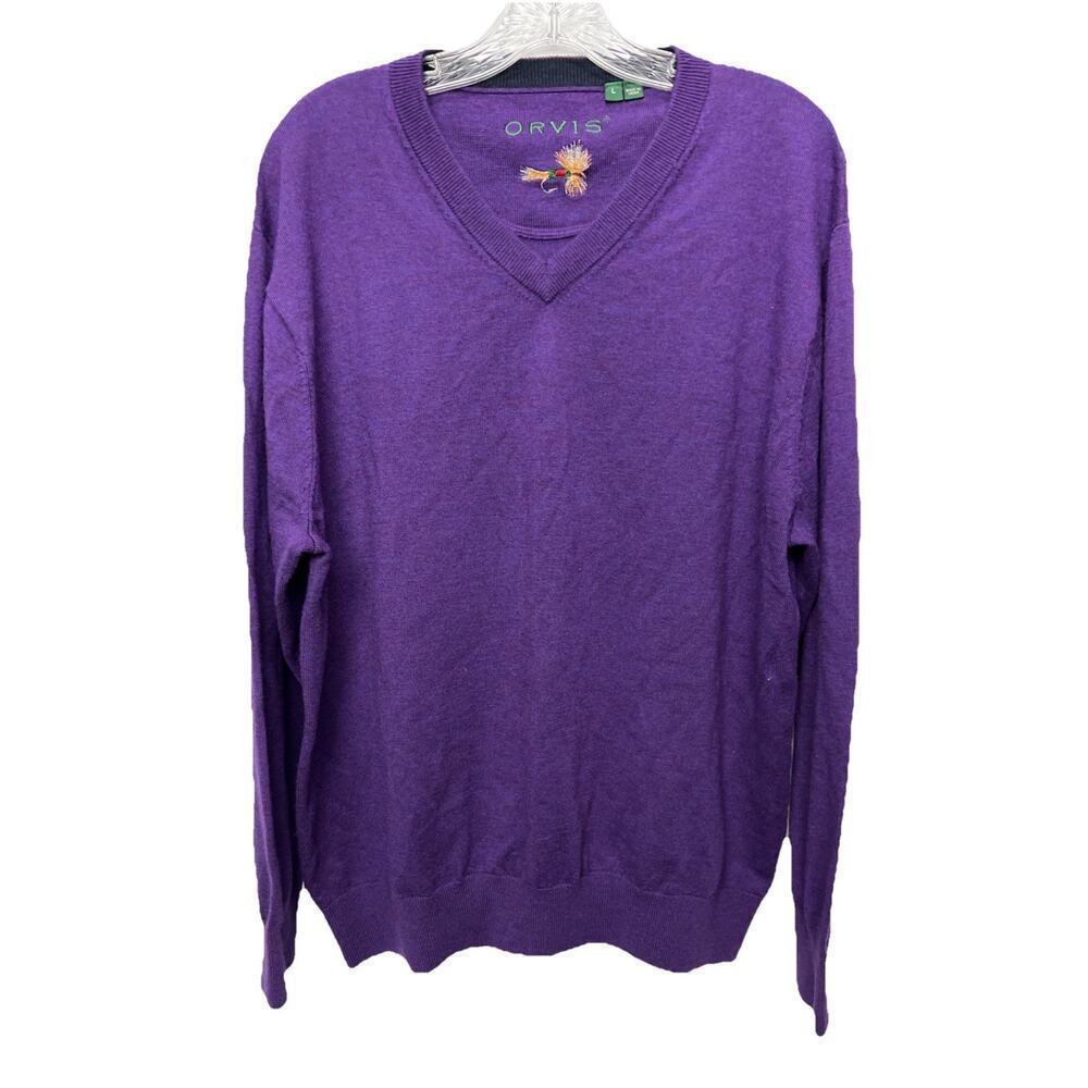 Orvis Men's Purple V-Neck Long Sleeve Sweater Regular Size L Merino Wool
